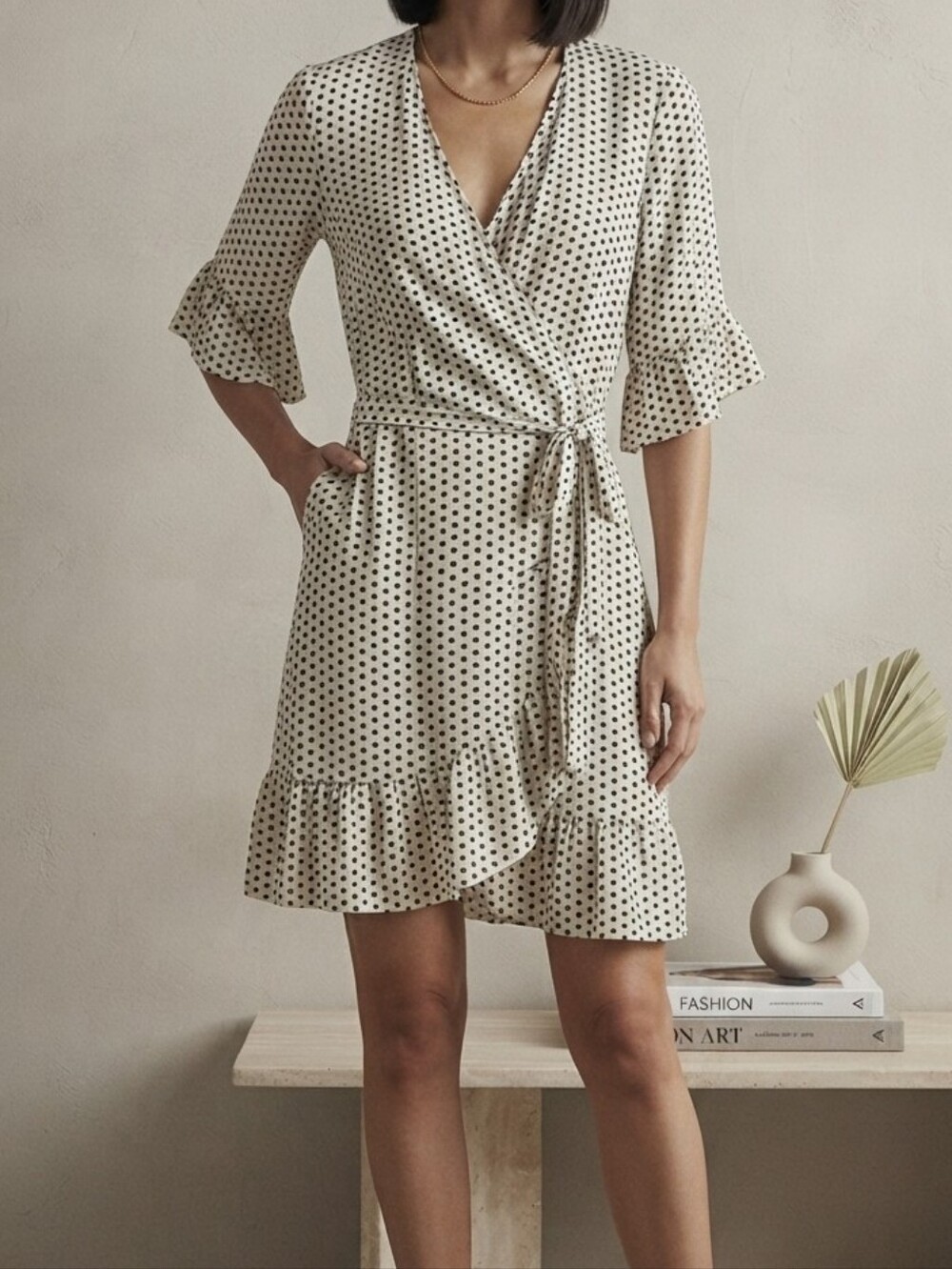 Polka Dot Wrap Mini Dress in Ivory